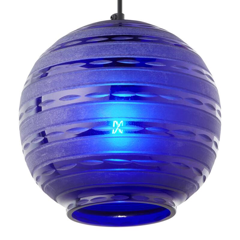 Hayley River of Goods Black Metal and Blue Blown Glass 9.5-Inch Pendant Light with Adjustable Hanging Cord - 9.5" x 9.5" x 64"