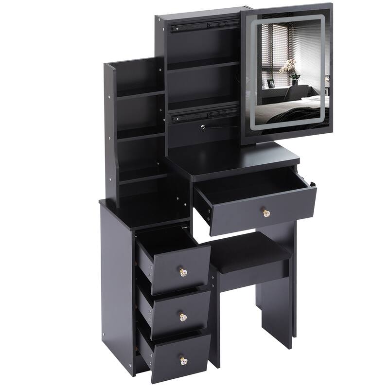 29.2" Small Size Left Bedside Cabinet Vanity Table + Cushioned Stool, 2 AC+2 USB Power Station, Hair dryer bracket