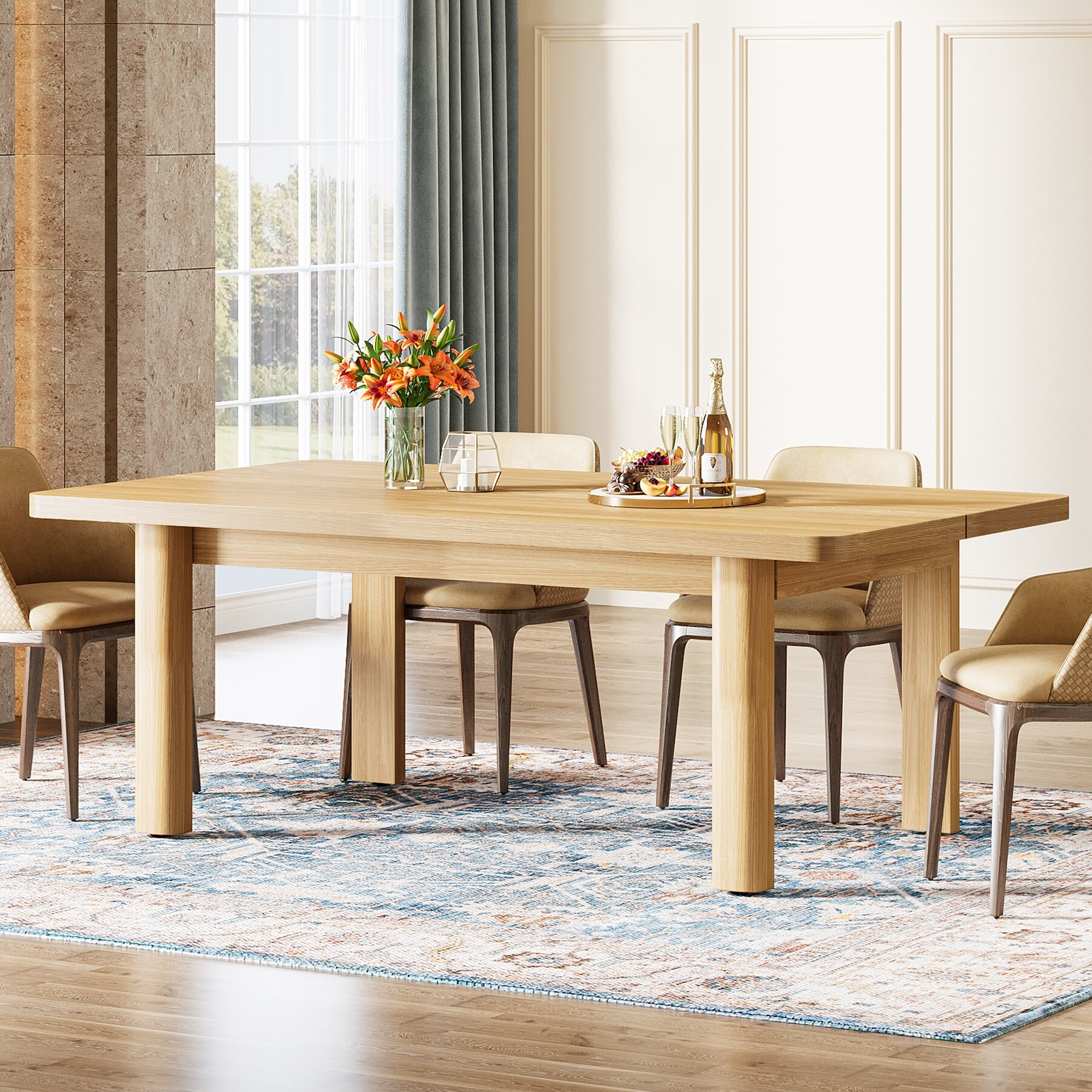 Wood Dining Table, 63'' Farmhouse Kitchen Table with Solid Wood Legs