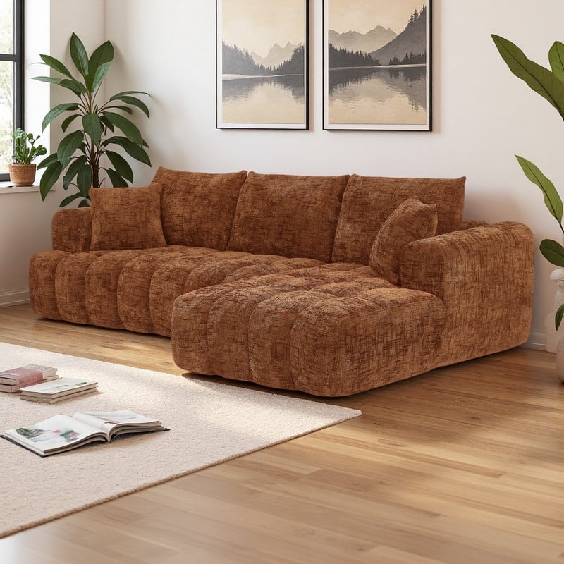 108.2" Chenille L-shaped sectional sofa with Right Facing chaise, and no assembly required,tufted design - Orange