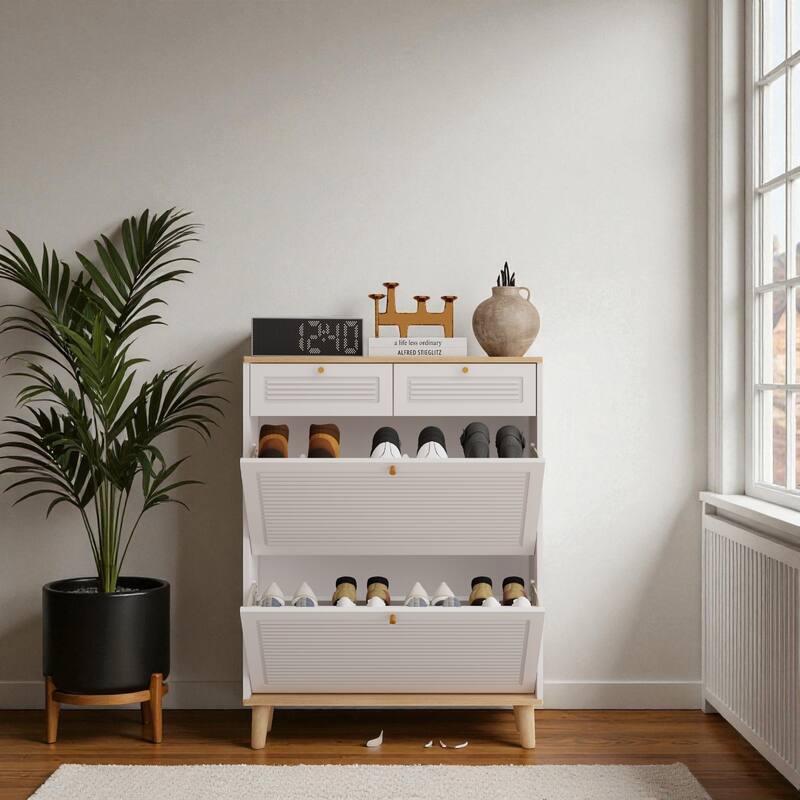 31.5" Narrow Shoe Cabinet with 2 Flip Doors and 2 Drawers, Modern Freestanding Shoe Storage Organizer with Wood Legs