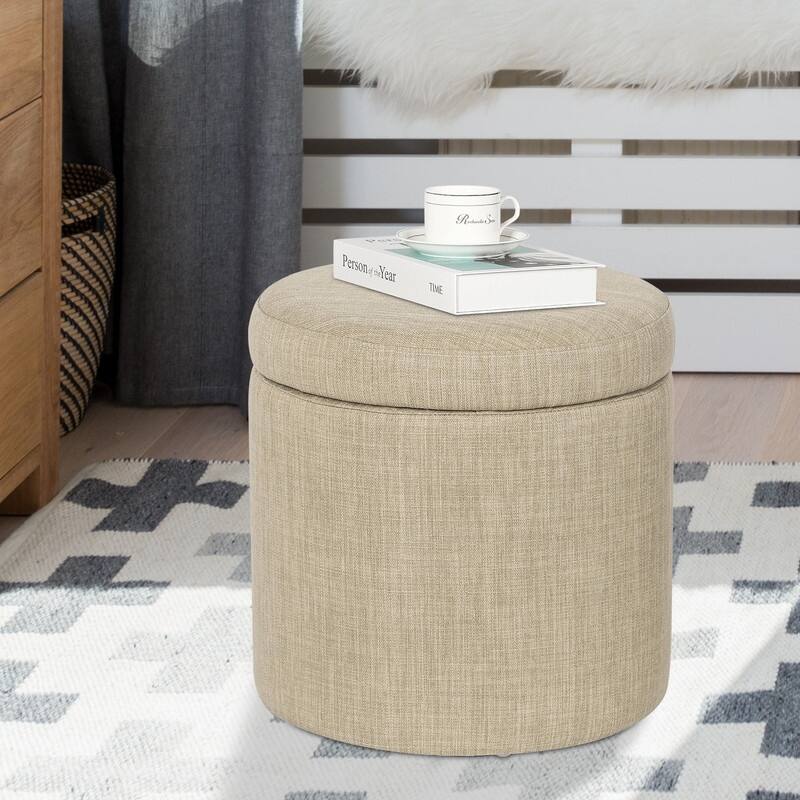 Adeco Round Storage Ottoman, Fabric Stool Footrest with Removable Lid - Beige