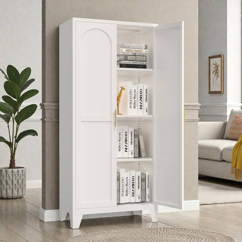 61'' Metal Storage Cabinet with Shapely Doors, Adjustable Shelves, Tall Steel Organizer for Bedroom, Living Room or Office - White