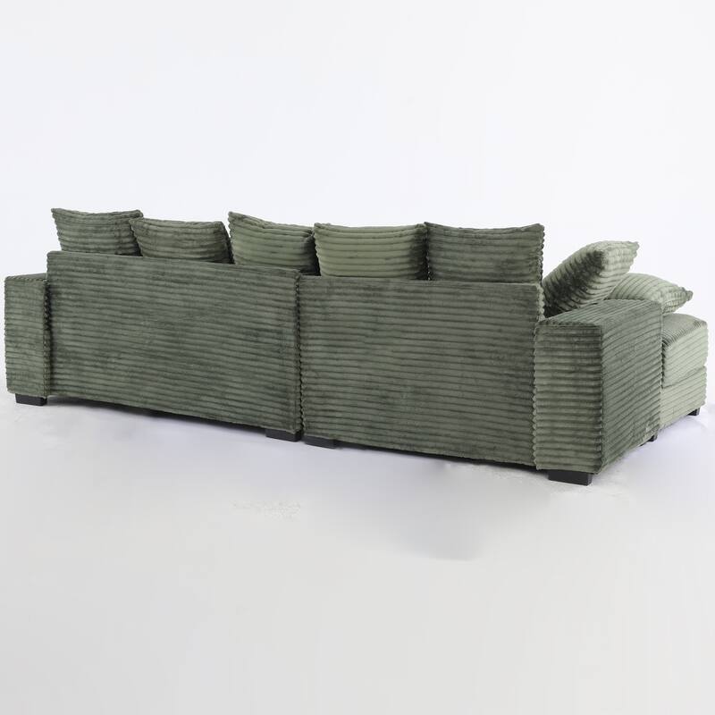 L-Shape Modular Sectional Sofa with Storage Ottoman, Corduroy Upholstered Cloud Couch, Deep-Seat Sofa with 8 Throw Pillows - Green