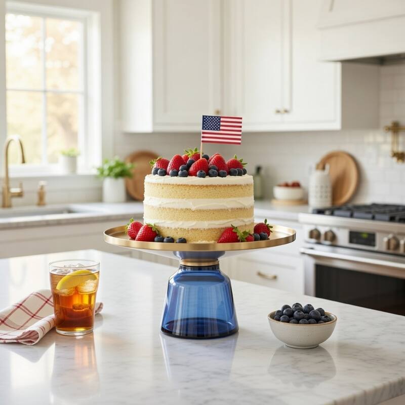 Len 30 Inch Coffee Table, Blue Blown Glass Bell Base, Funnel Top Gold Steel