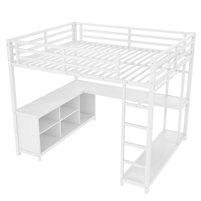 Metal Loft Bed with Wardrobe and L-shaped Desk, Queen Size Loft Bed with Storage Cubes and Shelves