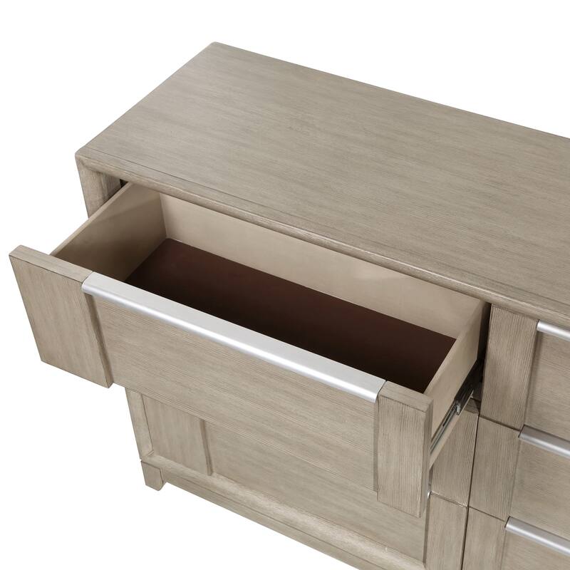Owen 64 Inch Dresser, 6 Drawers, Pewter Tone Handles, Light Beige Finish
