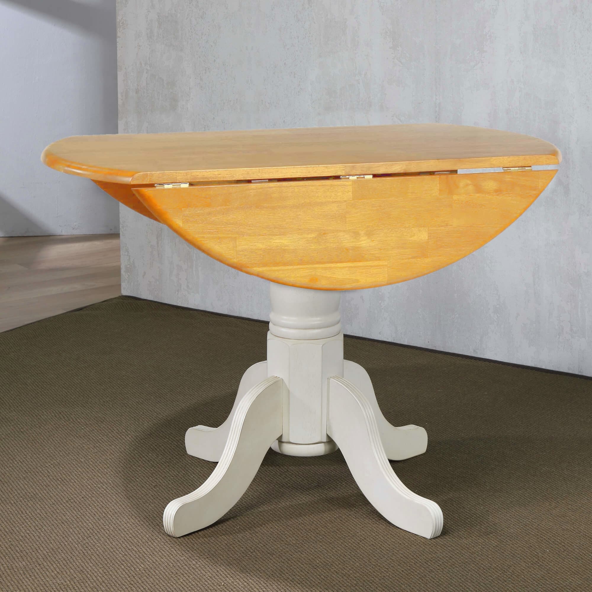 Oakley Selections 42 in. Round Distressed Antique White and Light Oak Wood Top Dining Table with Extendable Drop Leaf Seats 4 Bed Bath Beyond 37257138