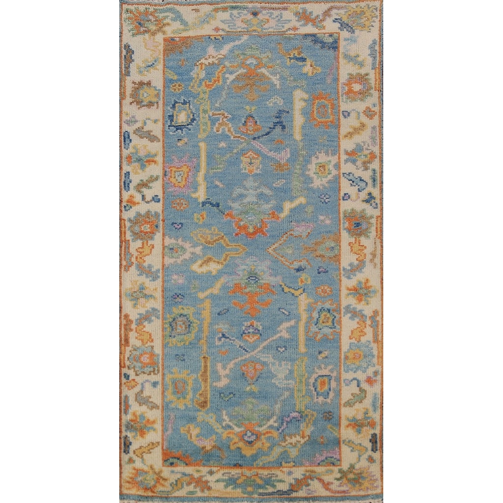 Light Blue & Ivory Oushak Indian Foyer Rug Hand-Knotted Wool Carpet - 2'6"x 6'1"