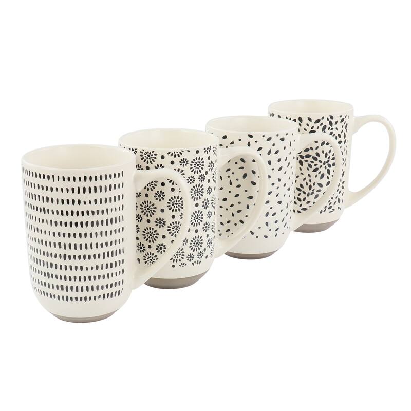 4 Piece 19 Ounce Stoneware Assorted Designs Mug Set in White - White