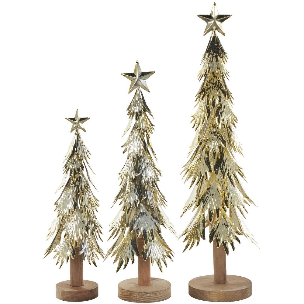 Metal Tree Holiday Layered Branch Christmas Sculpture with Wooden Base and Star Topper - Set of 3 Gold - Roche River Decor