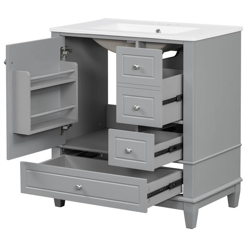 30" Bathroom Vanity with Ceramic Sink, Freestanding Bathroom Vanity Cabinet w/ 3 Storage Drawers, 1 Soft Close Door & Door Shelf