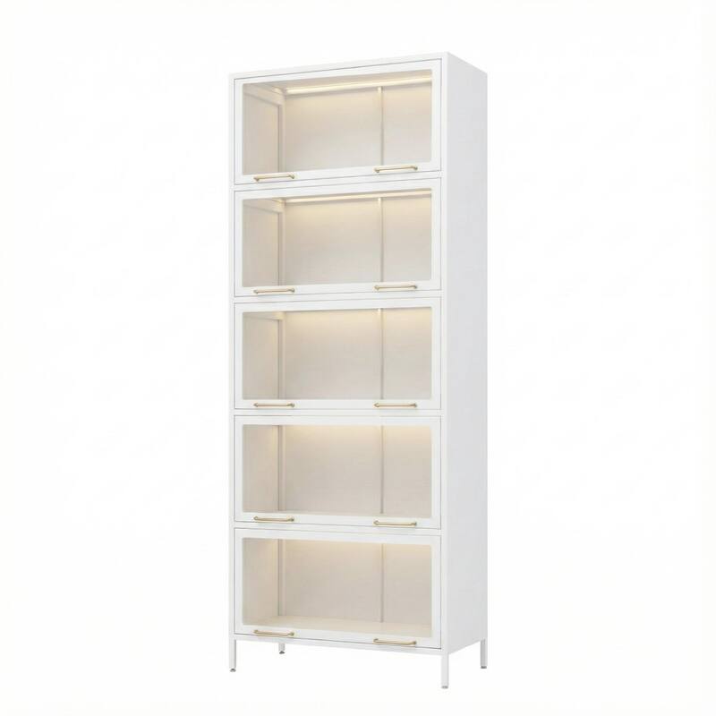 76.75"Iron Display Cabinet with Glass Doors,5-Tier Steel Barister Bookcase with LED Lights,Modern Curio Cabinet for Living Room - White