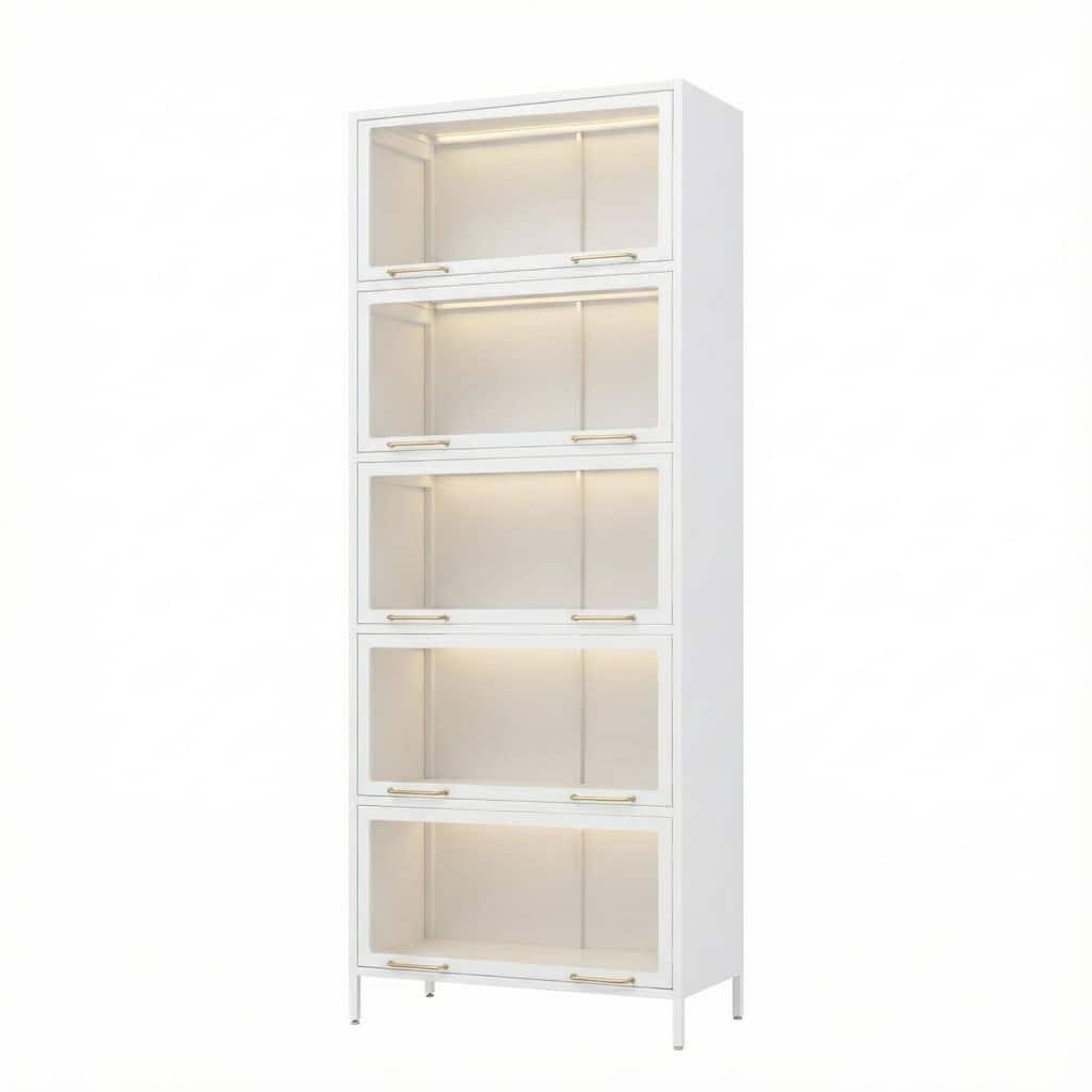 76.75"Iron Display Cabinet with Glass Doors,5-Tier Steel Barister Bookcase with LED Lights,Modern Curio Cabinet for Living Room