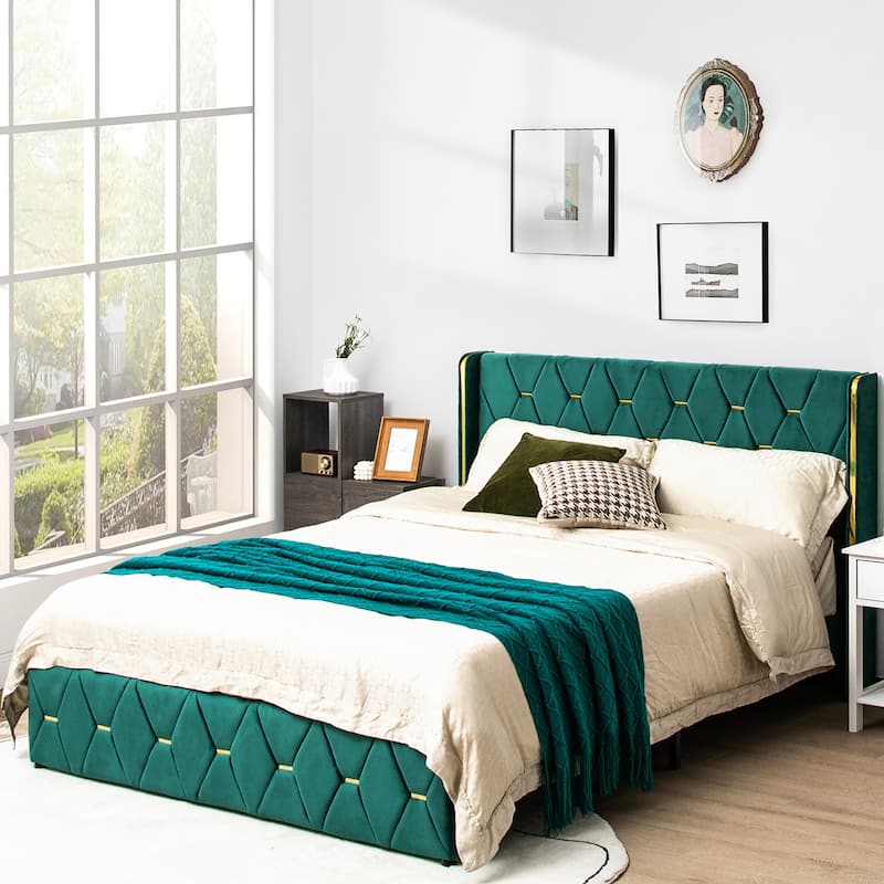 Costway Upholstered Platform Bed Frame Adjustable Headboard Footboard