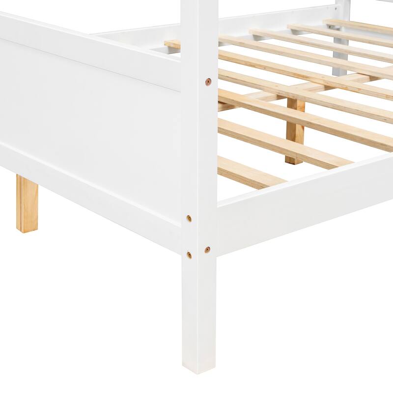 Queen Size White Canopy Platform Bed with Headboard, Footboard and Slat Support
