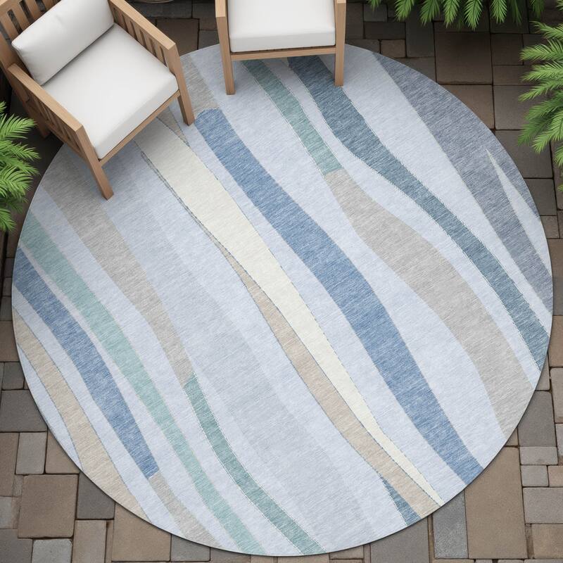 Machine Washable Indoor/Outdoor Modern Stripes Chantille Rug - Sky - 8' x 8'