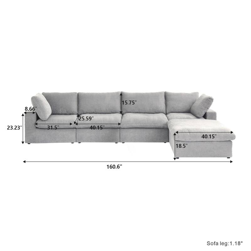 160.6" Modern Linen Sectional Sofa，4-seater Modular Couch with Storage Ottoman for Living Room.