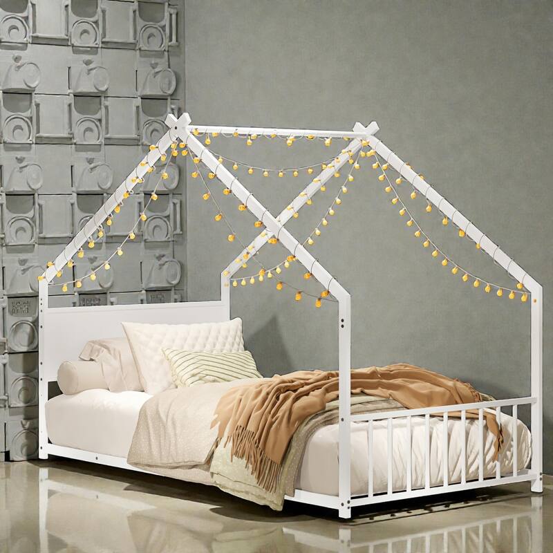 House Bed Frame with Roof & Colorful LED Lights, Metal Kids Floor Bed with Slats, Boys Girls Teens Canopy Bed, No Box Spring