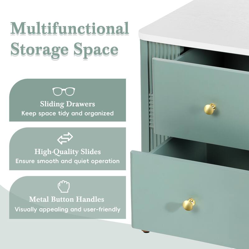 Green Fluted Bedside Table Nightstand with 2 Storage Drawer, End Table Storage Cabinet with Metal Handles and Legs