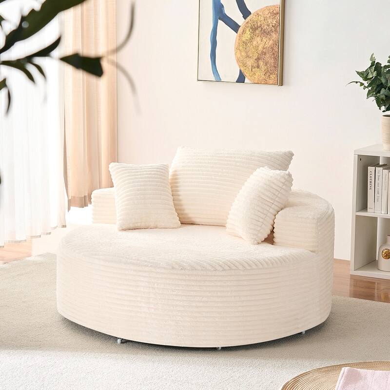 Corduroy Swivel Armchair with 360-degree Swivel, Deepseat Accent Barrel Round Sofa Chair with Pillows,Reading Chair - Beige - 1-Seater