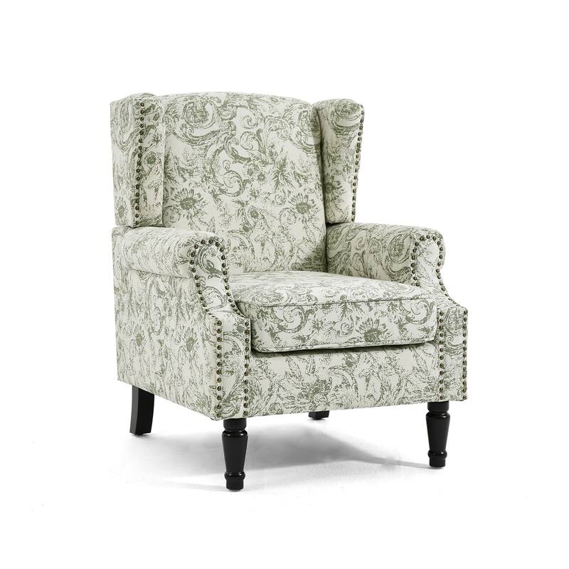 Traditional Floral Patterned Wingback Armchair with Nailhead Trim