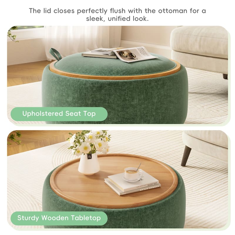 Roomfitters 29 Inch Round Storage Ottoman with Reversible Wooden Tray Top, Upholstered Coffee Table for Living Room
