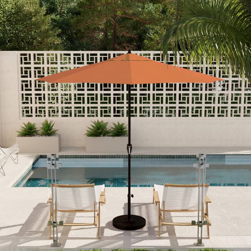 California Umbrella 9' Round Crank Lift Auto Tilt 8 Rib Aluminum Patio Umbrella, Bronze Finish, Pacifica Pacific Blue Fabric - Tuscan