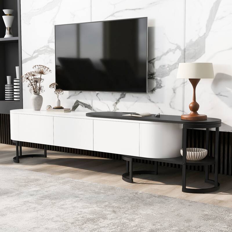 67.7"-76.4" Modern TV Stand with Adjustable Length & Height, 3 Storage Drawers, Metal Legs for Living Room