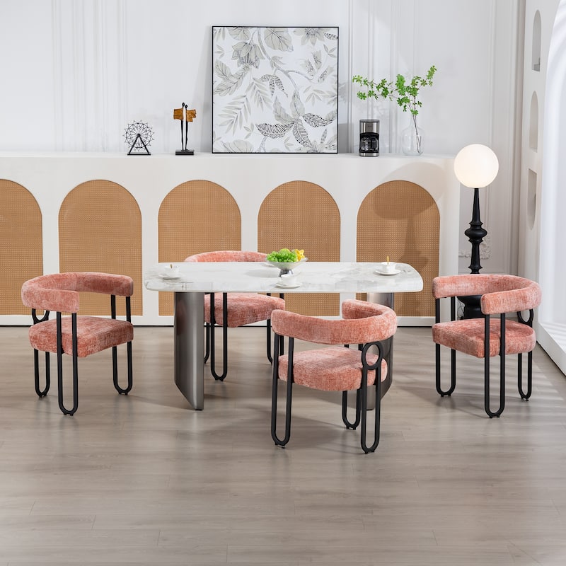 Pink Modern 23.62" Upholstered Barrel Chair with Black Iron Frames for Kitchen (Set of 2)