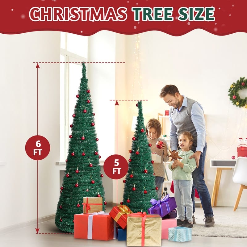 2 Pack, 6FT 5FT Artificial Pop Up Christmas Tree with Red Ball Ornaments for for Home Office Store Holiday Deco, Green