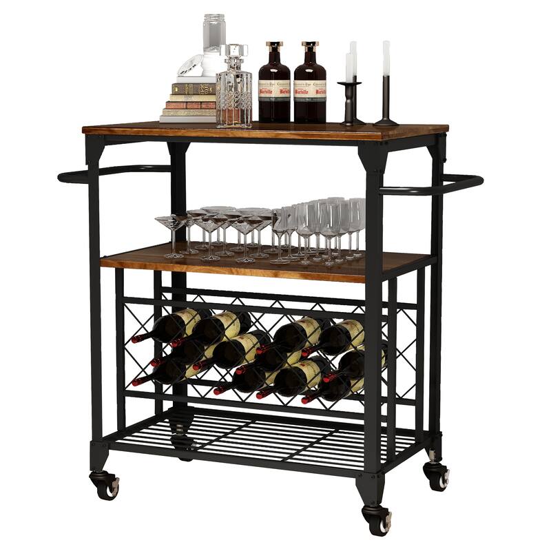 Storage Bar Cart Kitchen Shelf Serving Cart With Wine Rack - 3-Tier