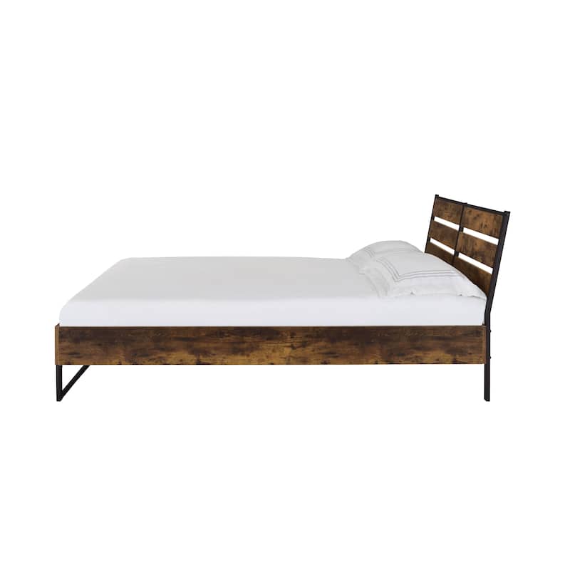 Rustic Oak & Black Finish King Bed with Metal Slats - Modern Industrial Style
