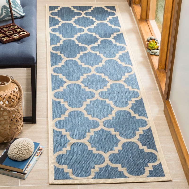 SAFAVIEH Courtyard Maryanne Indoor/ Outdoor Waterproof Patio Backyard Rug - 2'3" x 8' Runner - Blue/Beige