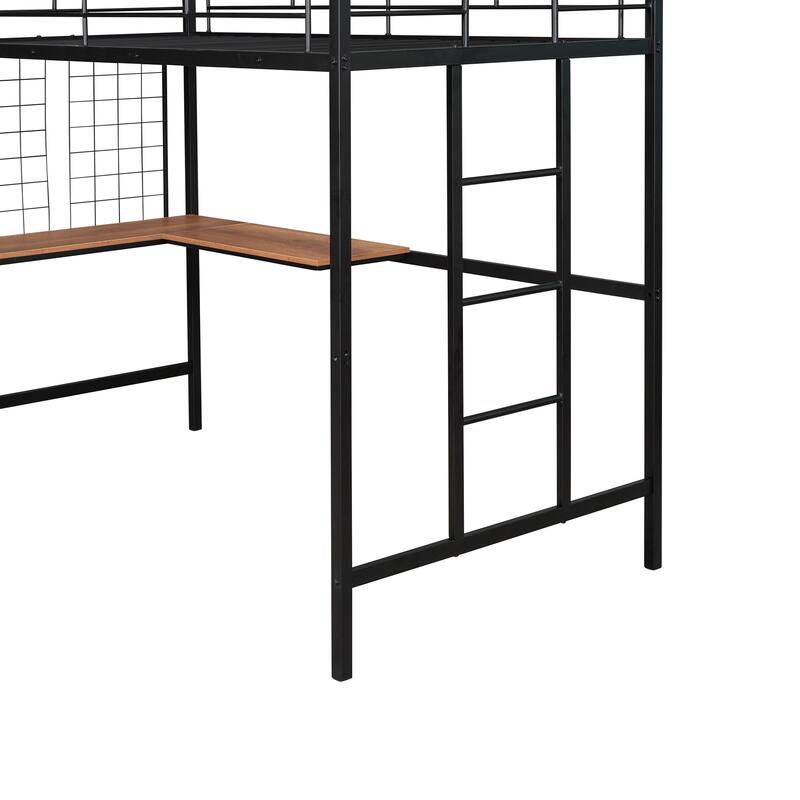 Metal Loft Bed with Desk, Ladder and Metal Grid for Kids, Teens, Girls, Boys