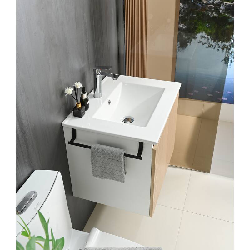 GDFStudio - Adrian Floating Bathroom Vanity with Ceramic Sink and Integrated Towel Rack Storage Cabinet