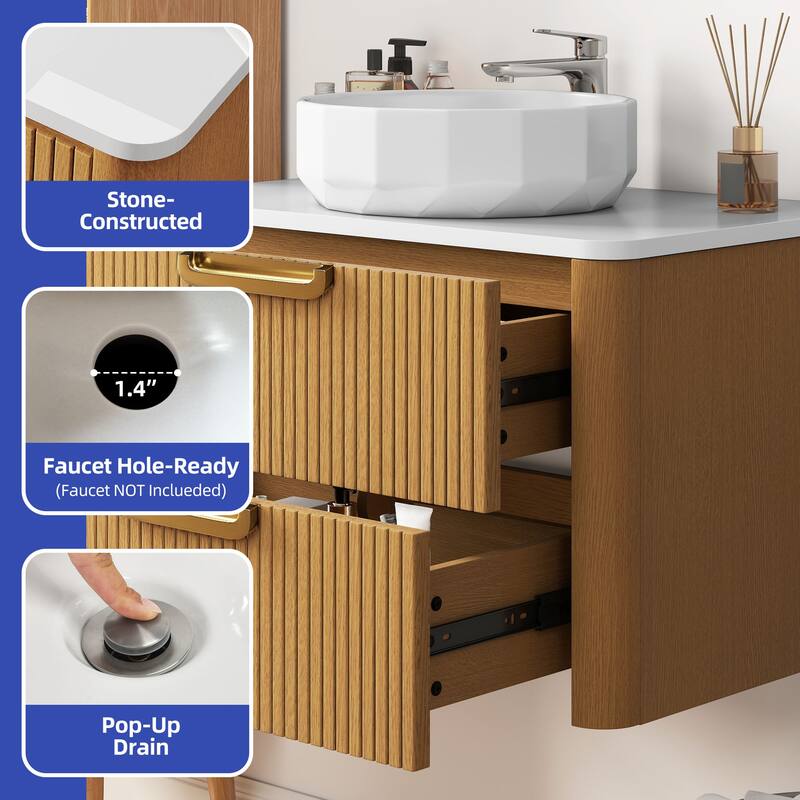 Moasis 30 Inch Floating Bathroom Vanity with Sink, Wall-Mounted Vanity with Engineered White Stone Top