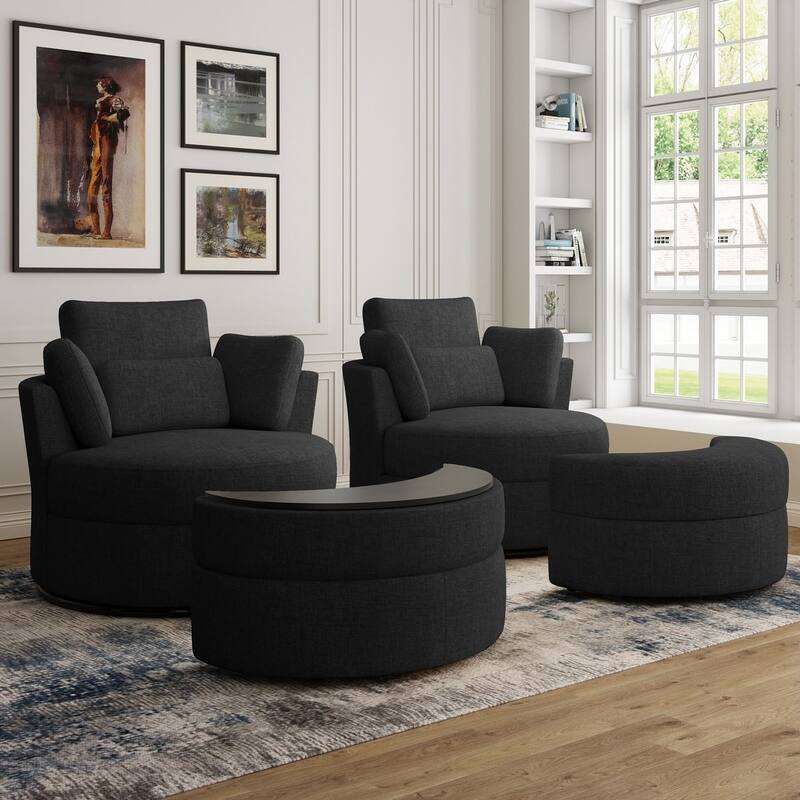 Chenille/Boucle Swivel Barrel Chair with Storage Ottoman