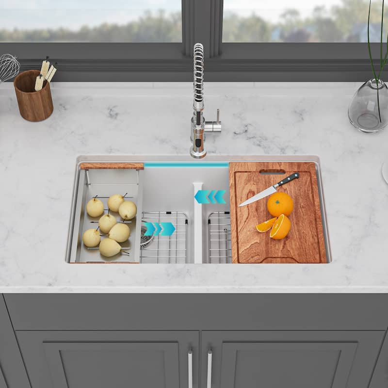 Undermount Double Bowl Quartz Kitchen Sink in White - 33'' x 19'' x 9.65'' - White