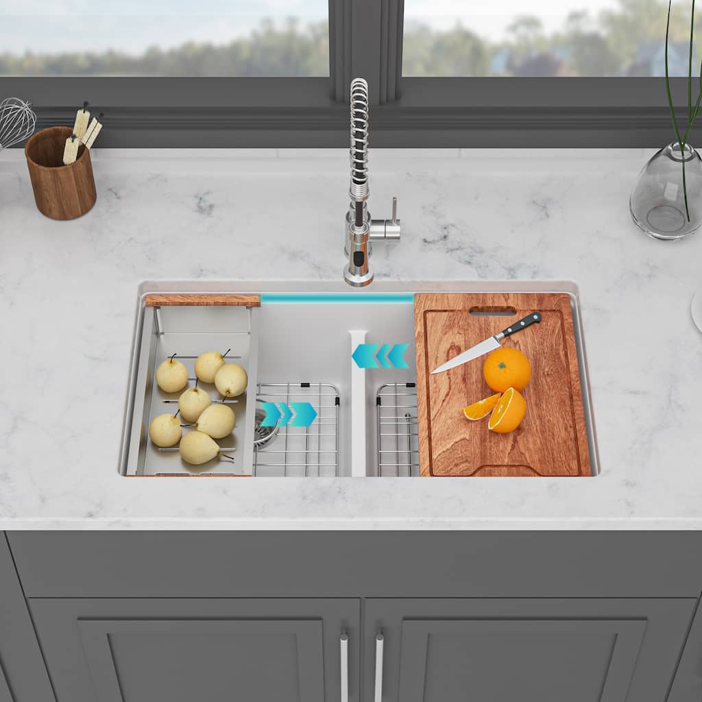 Undermount Double Bowl Quartz Kitchen Sink in White - 33'' x 19'' x 9.65''