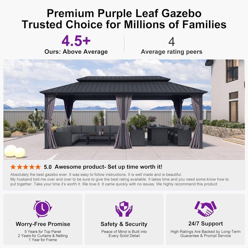 PURPLE LEAF Gazebo Grey Outdoor with Dual-Layer Galvanized Steel Double Roof Aluminum Gazebo with Netting and Curtains