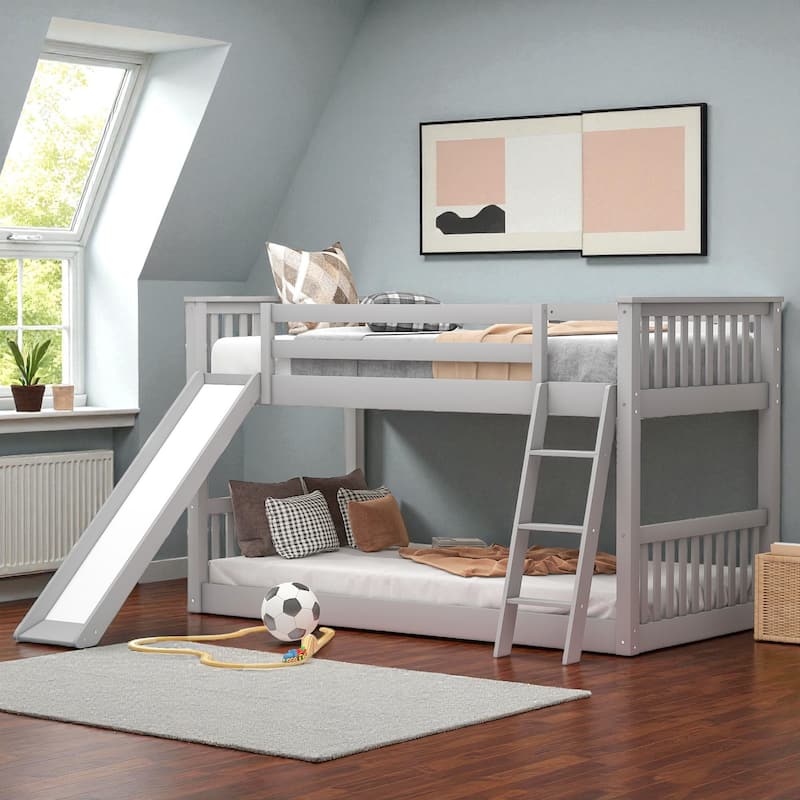 Twin Over Twin / Full Over Full Wooden Bunk Bed with Convertible Slide and Ladder, Guardrails, No Box Spring Needed - Grey - Twin