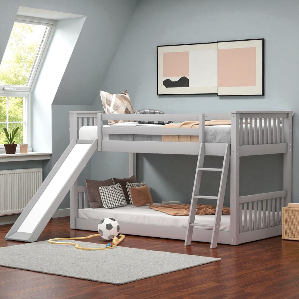 Twin Over Twin / Full Over Full Wooden Bunk Bed with Convertible Slide and Ladder, Guardrails, No Box Spring Needed