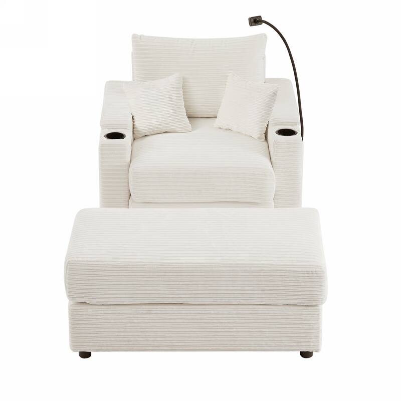 Modern Single Sofa with Movable Ottoman, Hidden Storage, USB Ports, Cup Holders and Phone Holder for Living Room