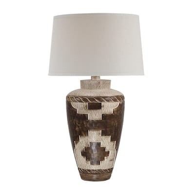 Veldt 31 Inch Hydrocal Table Lamp, Urn Base, Geometric, Weathered Brown