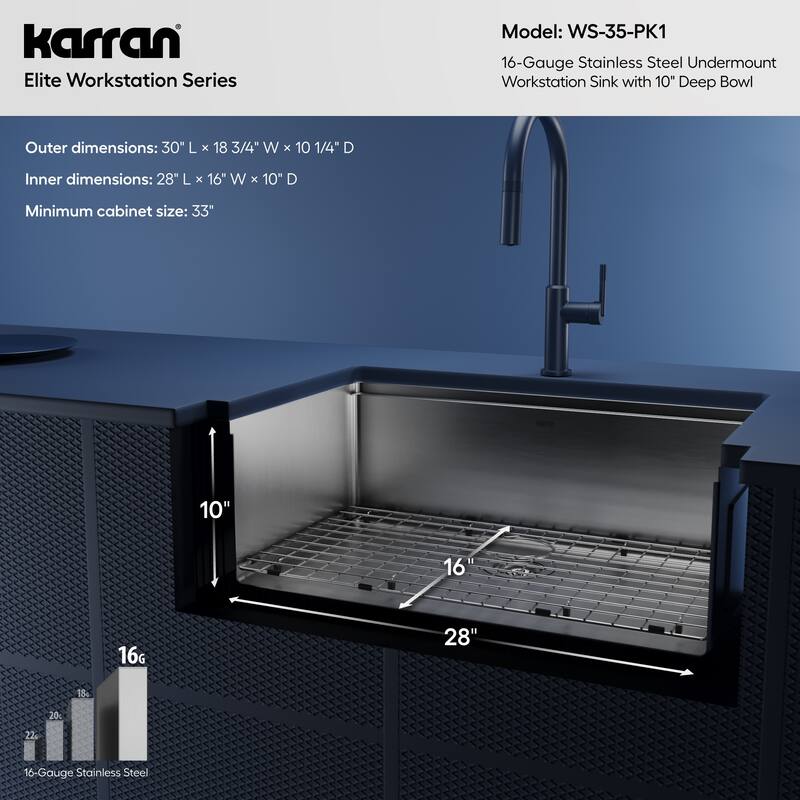 Karran Elite WS-35-PK1 Undermount 30" Single Bowl Stainless Steel Workstation Kitchen Sink