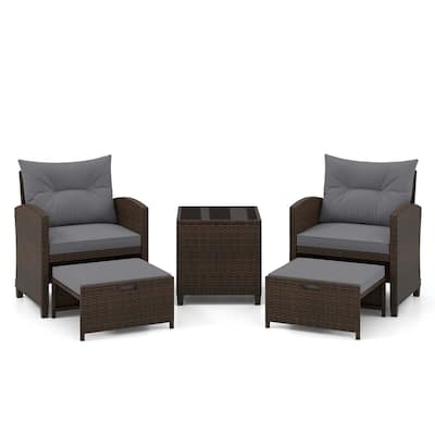 Gymax Set of 5 Rattan Furniture w/ 2 Wicker Ottomans & Tempered Glass