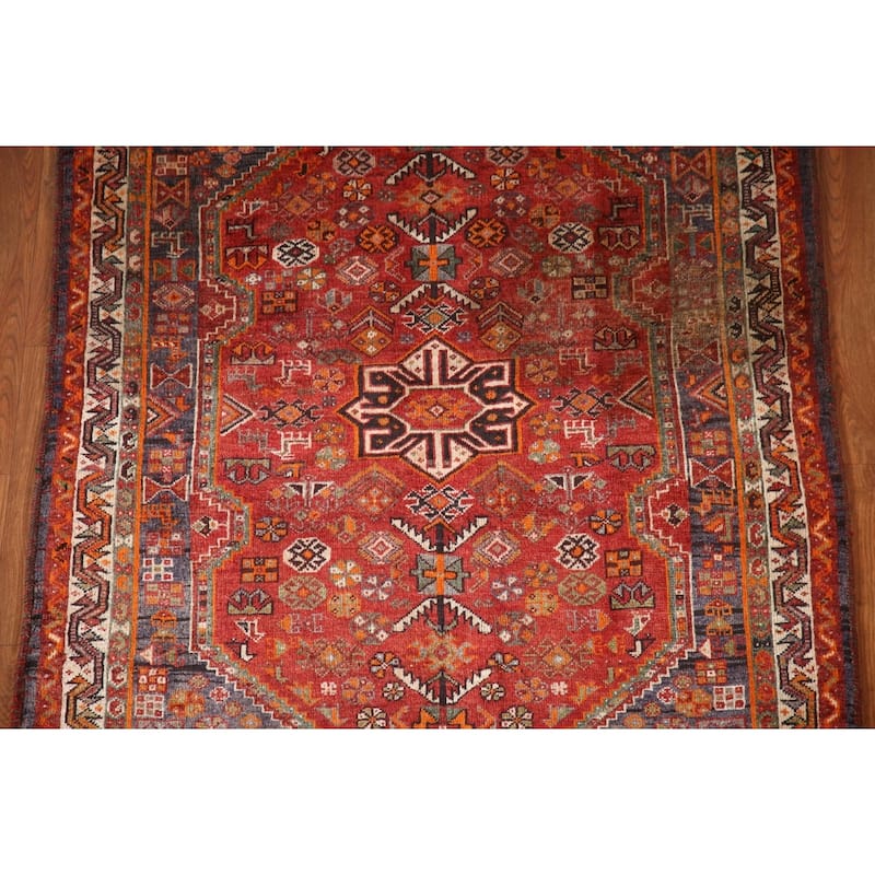 Geometric Shiraz Persian Vintage Area Rug Handmade Wool Carpet - 3'8"x 5'8"