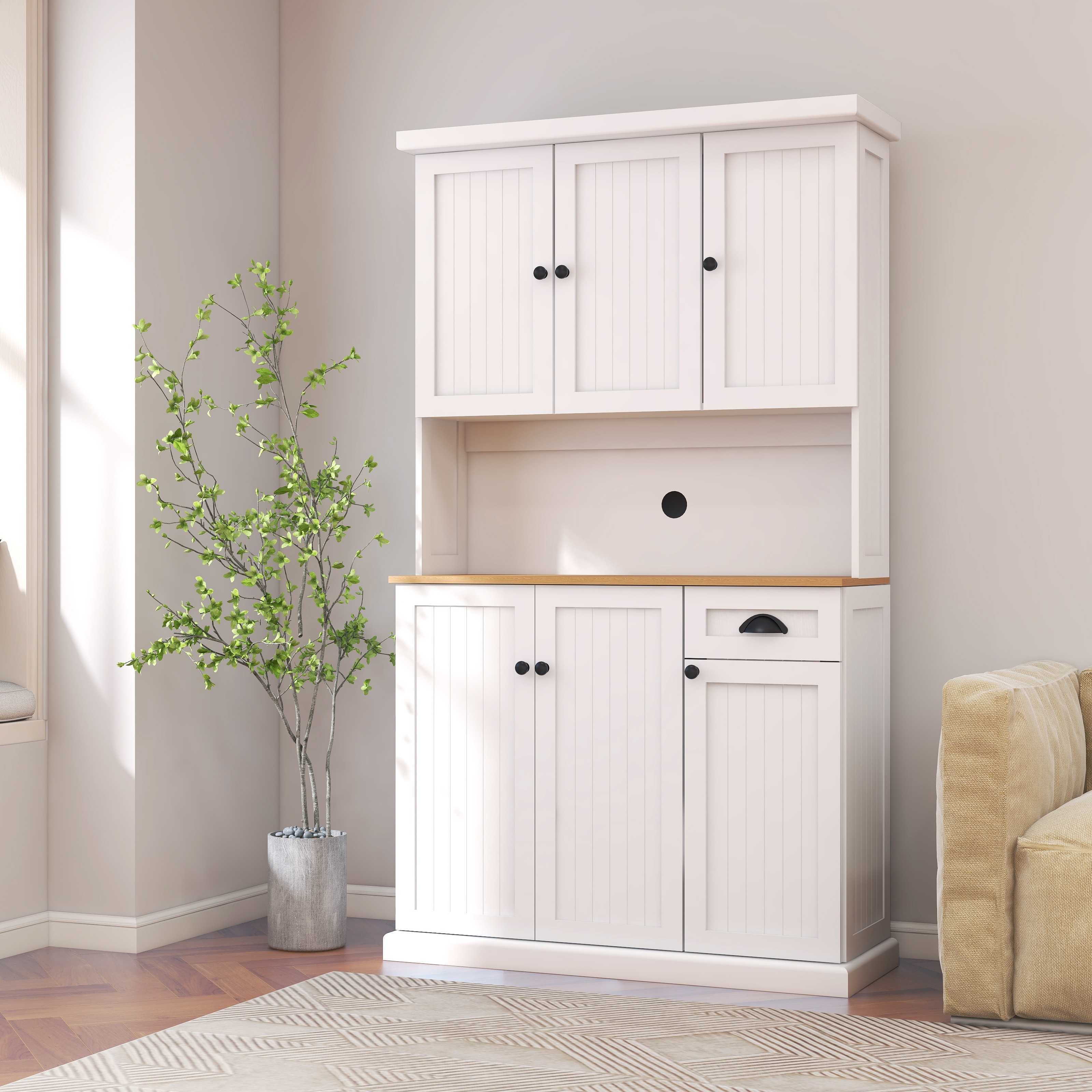71" Kitchen Pantry Storage Cabinet with Microwave Oven Countertop,Hutch Cabinet with Adjustable Shelves,6 Doors,1 Drawer