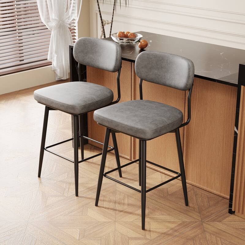 360° Swivel Bar Stools Set of 2 - Leather Upholstered Counter Height Stools with Iron Base for Kitchen Island & Office - Grey